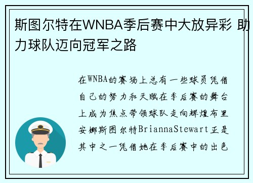 斯图尔特在WNBA季后赛中大放异彩 助力球队迈向冠军之路
