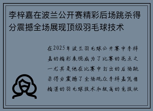 李梓嘉在波兰公开赛精彩后场跳杀得分震撼全场展现顶级羽毛球技术