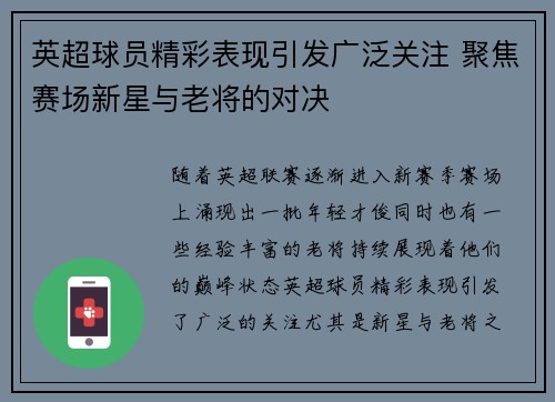 英超球员精彩表现引发广泛关注 聚焦赛场新星与老将的对决